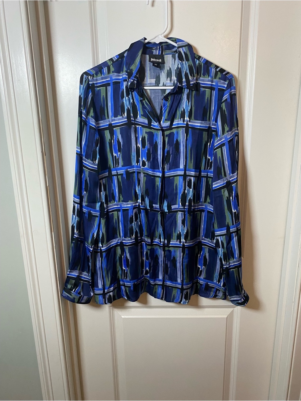 Just Cavalli Blue and Green Abstract Grid-Print Long Sleeve Shirt
